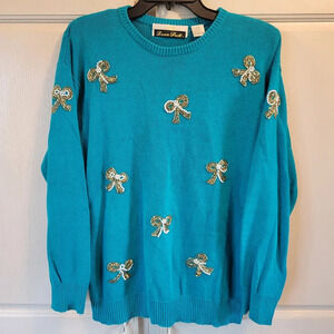 Vintage Dana Scott Faux Pearl Sequined Bows Embellished Knit Sweater